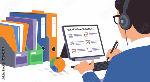 Professional working remotely at a desk with a digital checklist on a tablet, managing tasks and enhancing productivity in a modern home office environment.