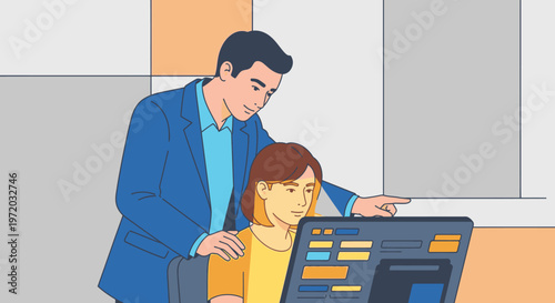 Male mentor guides female employee through a task on a computer, fostering collaboration and professional development in a modern office environment.