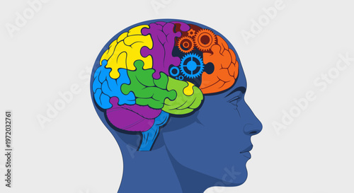 Colorful puzzle brain with gears in a human head profile, symbolizing complex thought, intelligence, creativity, and problem-solving, a metaphor for cognitive function.