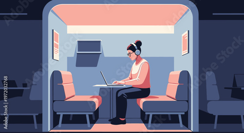 Focused young woman in headphones working remotely on laptop inside a modern private soundproof booth, emphasizing productivity and quiet workspace.