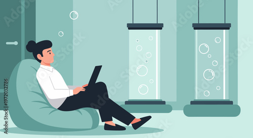 Relaxed woman working on a laptop from a bean bag chair in a modern, green-themed futuristic office with bubbling liquid columns and floating air bubbles.