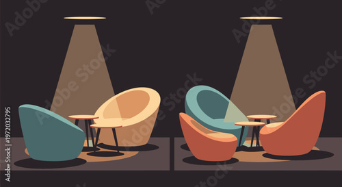 Modern Minimalist Lounge Interior Design with Stylized Armchairs and Side Tables Under Spotlights, Creating a Cozy and Contemporary Atmosphere Vector Illustration
