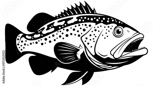 Black and White illustration of a spotted grouper fish with open mouth, side view