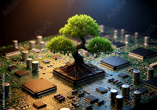 A miniature green bonsai tree growing directly out of a complex computer motherboard as a symbol of sustainable technology