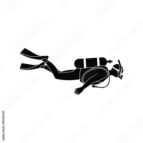 Silhouette of a scuba diver swimming underwater in a minimalist style