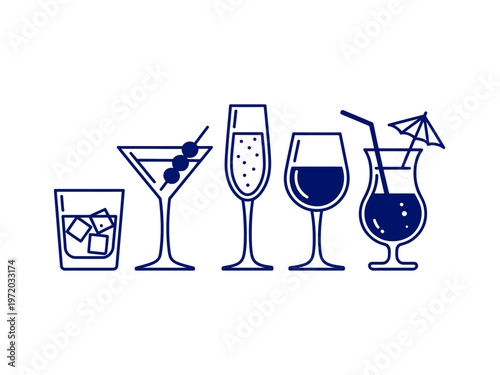 Five Different Cocktail Glasses On White Background For Beverage And Party Concepts