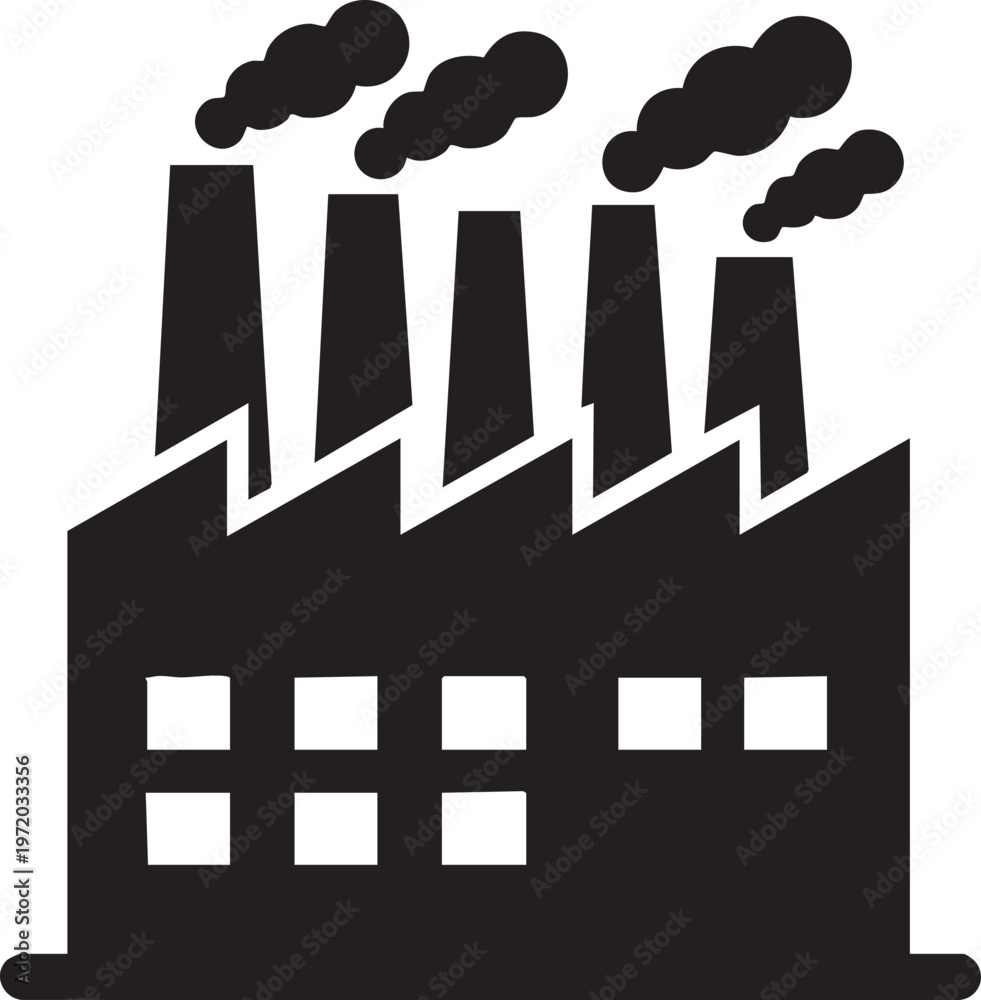 Naklejka premium Industrial Factory, Smoking Chimneys, Black Vector Icon, Pollution Concept, Industrial Building