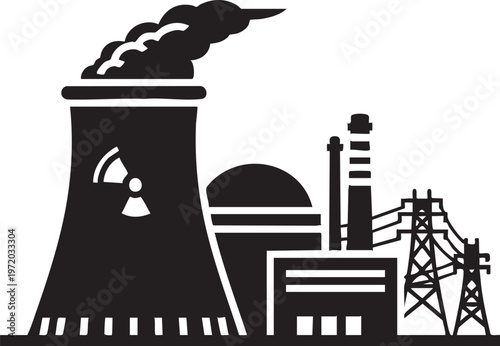Industrial, nuclear power plant, energy facility, power generation, black silhouette