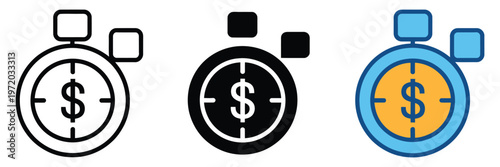 Financial Balance Scale Vector Icon, conceptual icons of a stopwatch combined with a dollar symbol, representing financial efficiency, fast loans, and time-based investment management