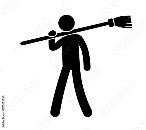 Stickman Holding Broom – Cleaning Worker Sweeping Silhouette Vector Icon.