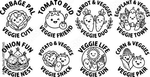 Cute kawaii style smiling vegetable characters cabbage tomato carrot eggplant onion and potato waving arms friendly line art