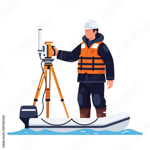Flat vector illustration of a marine surveyor in a hard hat and life vest operating a precise geodetic instrument from an inflatable boat, performing measurements on water