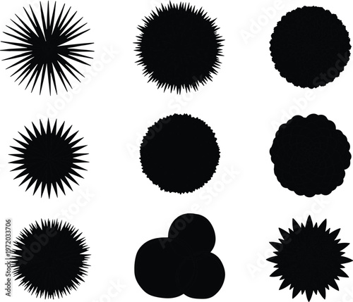 Abstract burst shapes vector set, spiky circular starburst and organic blob silhouettes, decorative design elements isolated on clean background