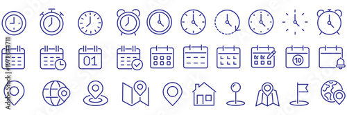 Time, date and location editable stroke outline icons set. Address line icons and navigation outline icons set. isolated on white background.