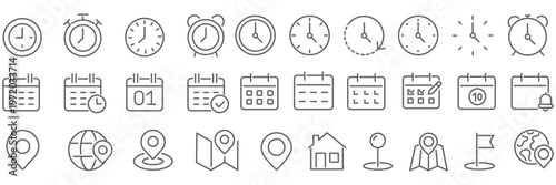 Date Address Time Line Icon, clock, calendar, and location pin symbols, delivery, meeting, office, planning, navigation, and scheduling concept, editable line vector illustration.