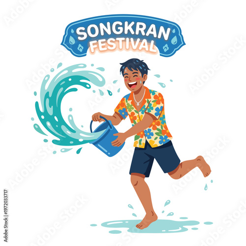 Vector of a happy Thai person playing in the water celebrating "Songkran Festival" 003