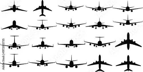 Airplane front view silhouettes vector set, commercial passenger aircraft collection, aviation transport design elements isolated on clean background