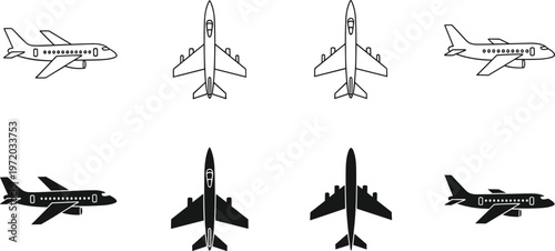 Airplane top view vector set, commercial passenger aircraft silhouettes and outline illustrations, aviation transport design elements isolated on clean background