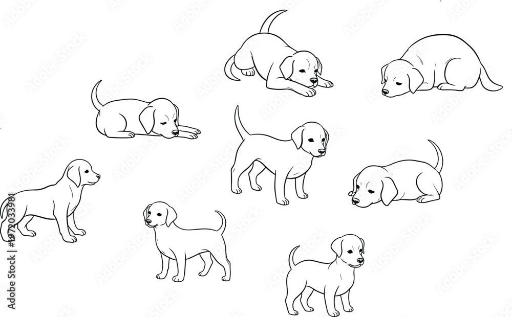 Fototapeta premium Cute puppy line art set with different poses representing pet animals, playful behavior, and cartoon dog illustration isolated on white background