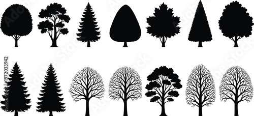 Collection of tree silhouettes including conifer and deciduous varieties representing forest vegetation, landscape design elements, and natural environment isolated on white background