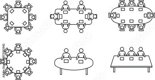 Conference table top view line icons with people representing business meetings, teamwork collaboration, and office workspace planning isolated on white background