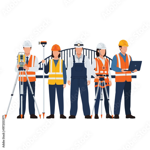 Construction team of surveyors and engineers with surveying equipment and laptops ready for a project