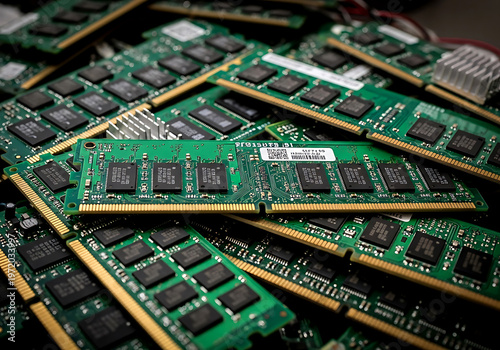 A detailed close up view showing a collection of random computer ram memory sticks stacked together on a dark work surface