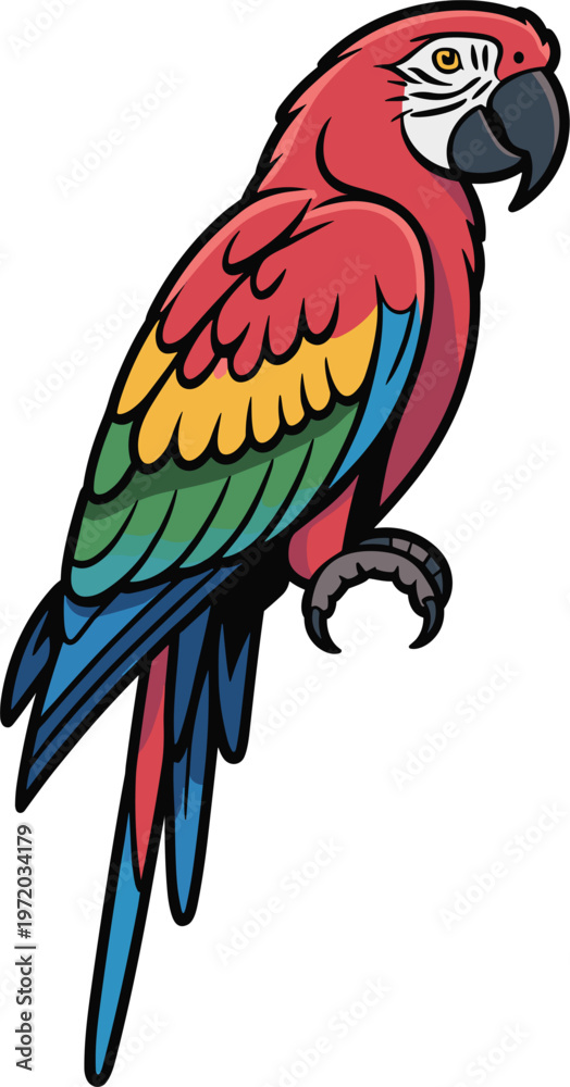 Fototapeta premium Scarlet Macaw Parrot Gripping Branch Vibrant Plumage Tropical Avian Wildlife Cartoon Style