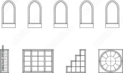 Minimalist architectural window and arch frames set, line art building elements collection, geometric facade details, vector icons isolated on clean background