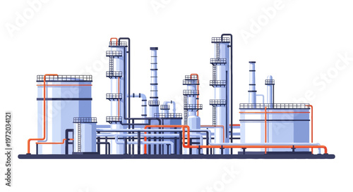 Industrial Oil Refinery and Chemical Plant Vector Illustration with Flat Design Style Isolated on White Background.