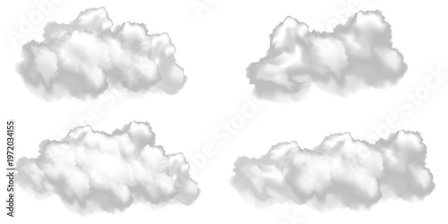 White vector realistic cloud set. Vector weather element on png background. Cloud texture, nature sky or foggy nature illustration isolated on transparent background.
