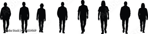 People silhouette front view set, diverse human figures walking collection in black and white vector for urban and lifestyle design use
