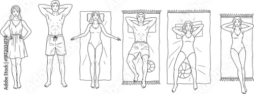 People relaxation poses vector set, men and women lying and standing figures, summer beach lifestyle illustration isolated on clean background