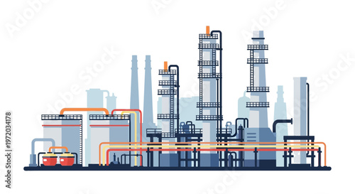 Industrial Oil Refinery and Chemical Plant Complex Flat Vector Illustration Isolated on White Background