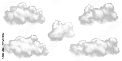 White vector realistic cloud set. Vector weather element on png background. Cloud texture, nature sky or foggy nature illustration isolated on transparent background.