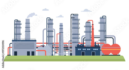 Flat Vector Illustration of Oil and Gas Refinery Industrial Plant with Distillation Towers and Pipelines.
