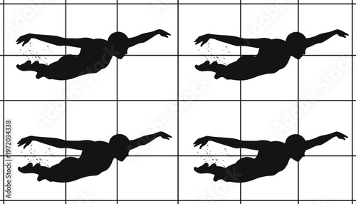 Swimming human silhouettes set, freestyle stroke motion sequence, athlete underwater action poses, sport vector illustration isolated on grid background