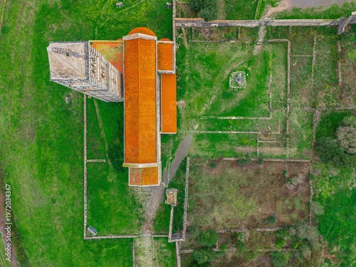 Aerial view from above the Basilica di Saccargia in Sardinia. Codrongianos, Italy