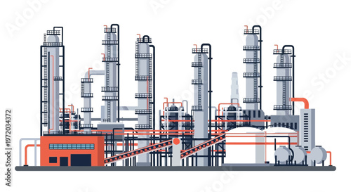 Industrial Oil Refinery and Chemical Plant Flat Vector Illustration Isolated on White Background