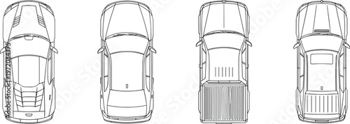 Top view car and pickup truck outline set, vehicle roof line art collection, automotive transport icons isolated on clean background