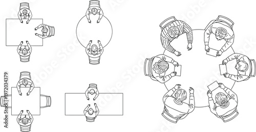 Top view business meeting layouts vector set, people around tables collaboration concepts, office teamwork discussion scenes isolated on clean background