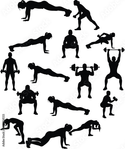 Workout silhouettes set featuring push ups, squats and weightlifting exercises, full body fitness training poses isolated on white background for gym design