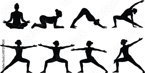 Yoga poses silhouettes set featuring meditation downward dog warrior and stretching positions female fitness exercise vector illustration isolated on white background