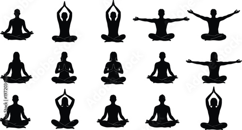 Yoga meditation silhouettes set featuring lotus pose stretching and relaxation positions calm wellness vector illustration isolated on white background for design