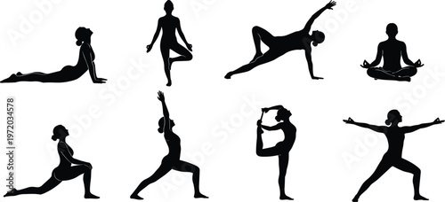 Yoga silhouettes of eight poses including tree, warrior, lotus, dancer, and lunge showcasing balance, strength, mindfulness, and fitness