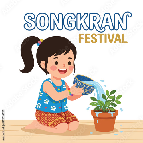 Vector of a happy Thai child playing in the water celebrating "Songkran Festival" 004
