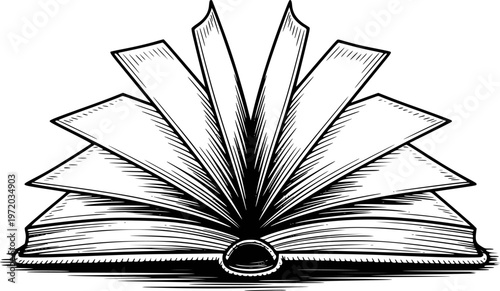 Open book with fanned pages in vintage woodcut style