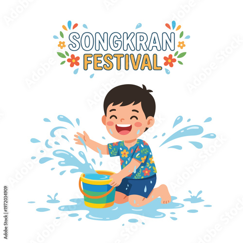 Vector of a happy Thai child playing in the water celebrating "Songkran Festival" 007