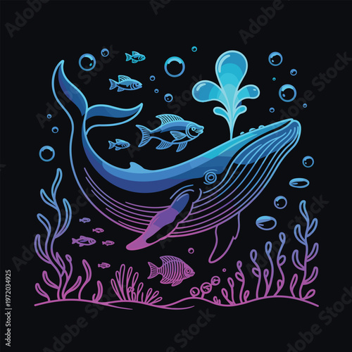 Whale Spouting Water Surrounded by Fish and Bubbles in Deep Ocean Minimalist Line Art Style