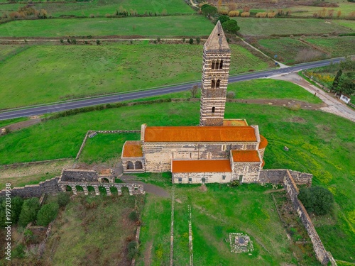 Aerial view of the east side of the Basilica of Saccargia. Codrongianos. Sardinia